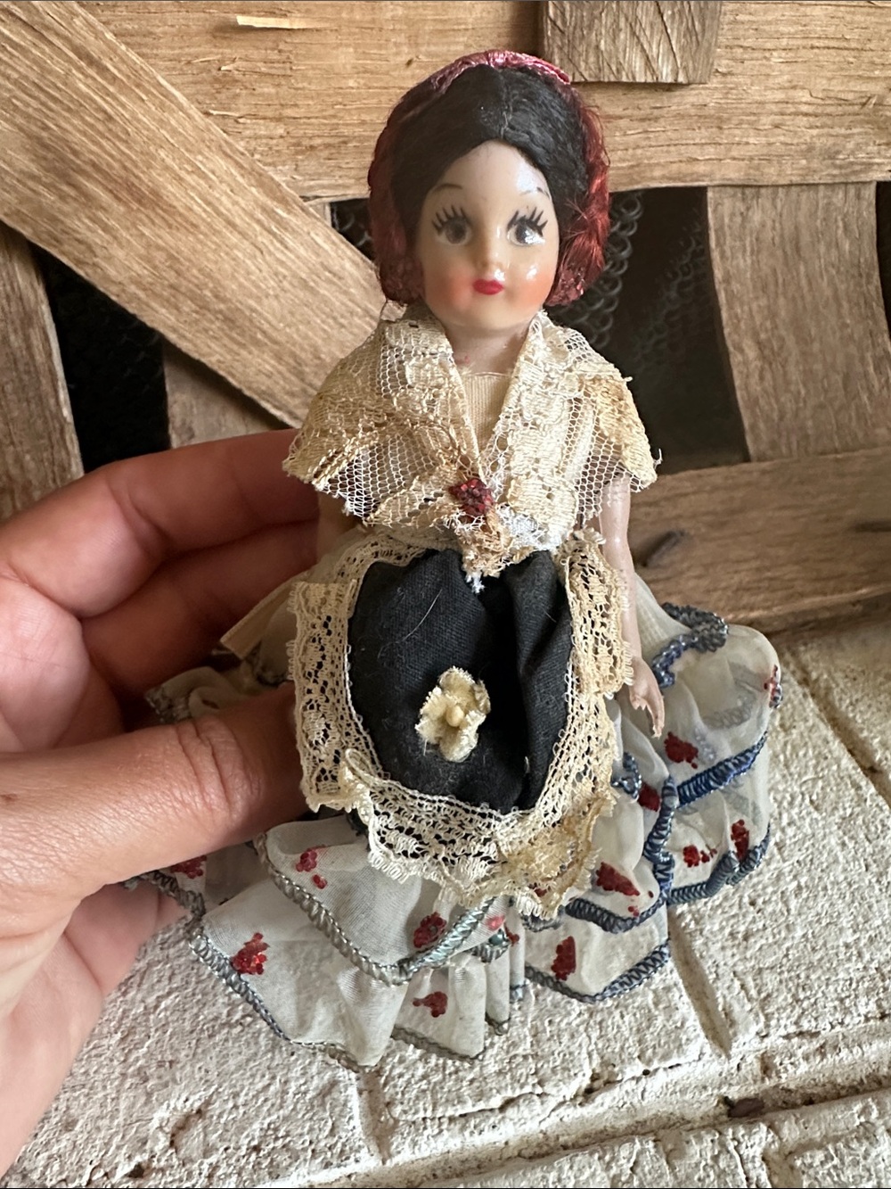 Vintage Mexican Jarocha 6" Doll female figure in lace, glitter